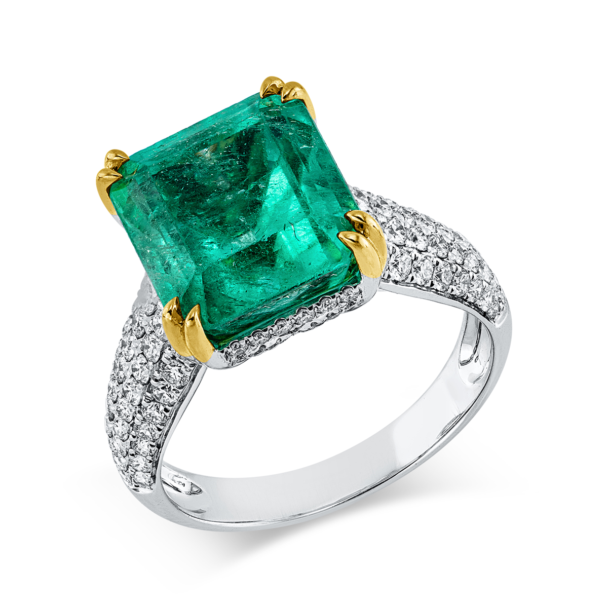 diamond full cut emerald colored stone classic ring in white gold / yellow gold