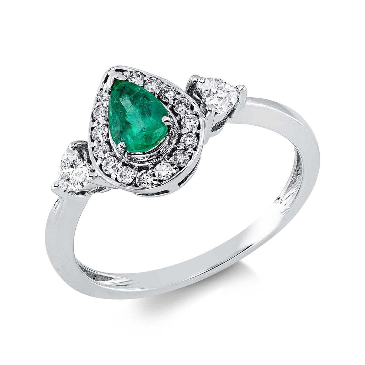 diamond full cut emerald colored stone classic ring in white gold