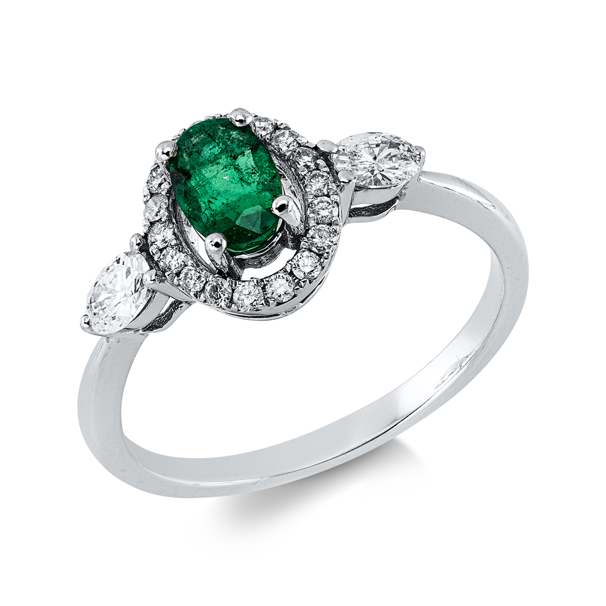 diamond full cut emerald colored stone classic ring in white gold