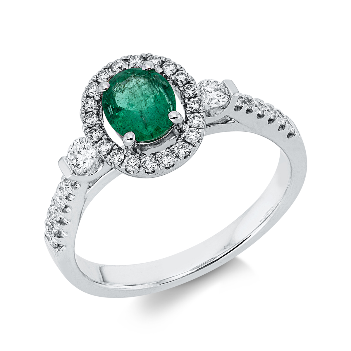 diamond full cut emerald colored stone classic ring in white gold