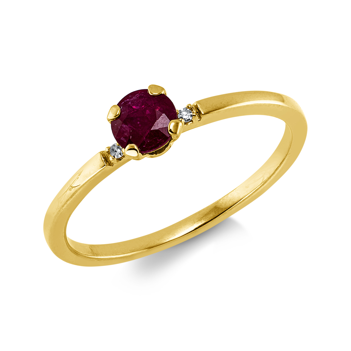 diamond single cut ruby colored stone classic ring in yellow gold