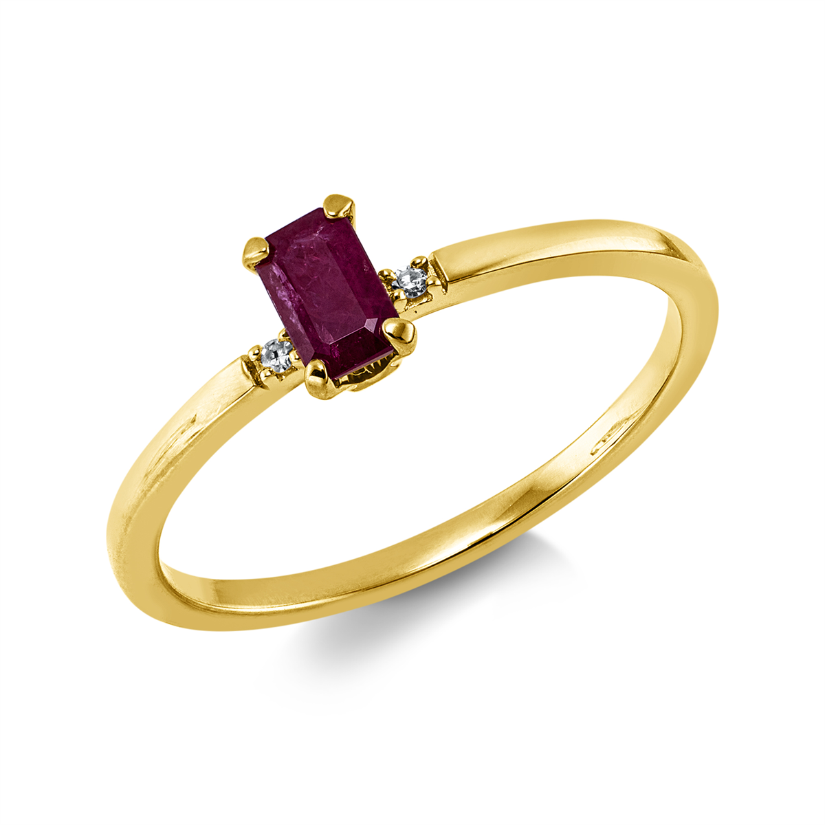 diamond single cut ruby colored stone classic ring in yellow gold