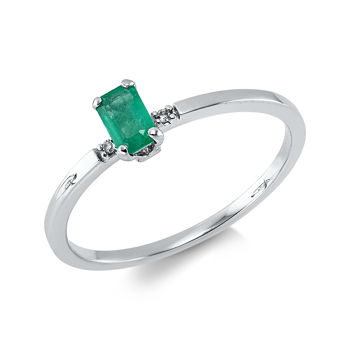 diamond single cut emerald colored stone classic ring in white gold