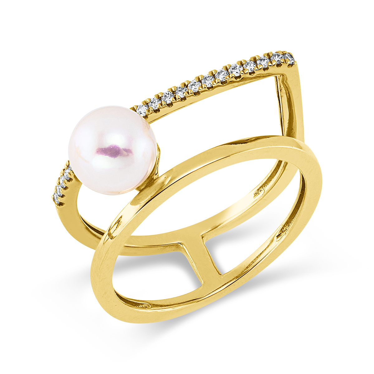 diamond full cut  pearl ring in yellow gold