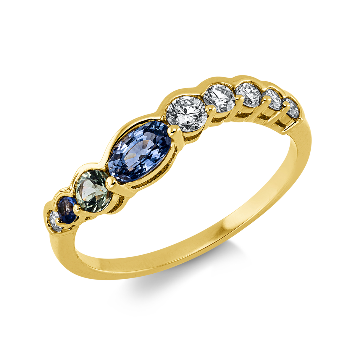 diamond full cut sapphire colored stone classic ring in yellow gold