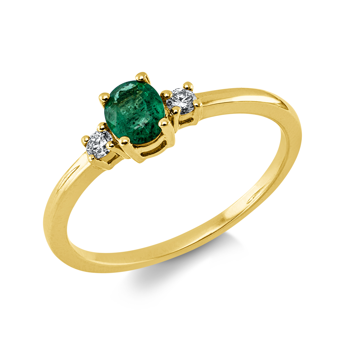 diamond full cut emerald colored stone classic ring in yellow gold