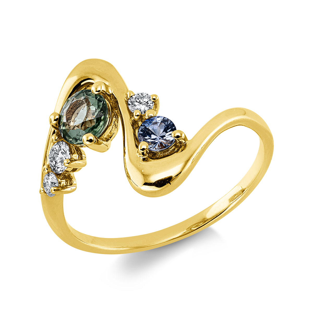 diamond full cut sapphire colored stone classic ring in yellow gold