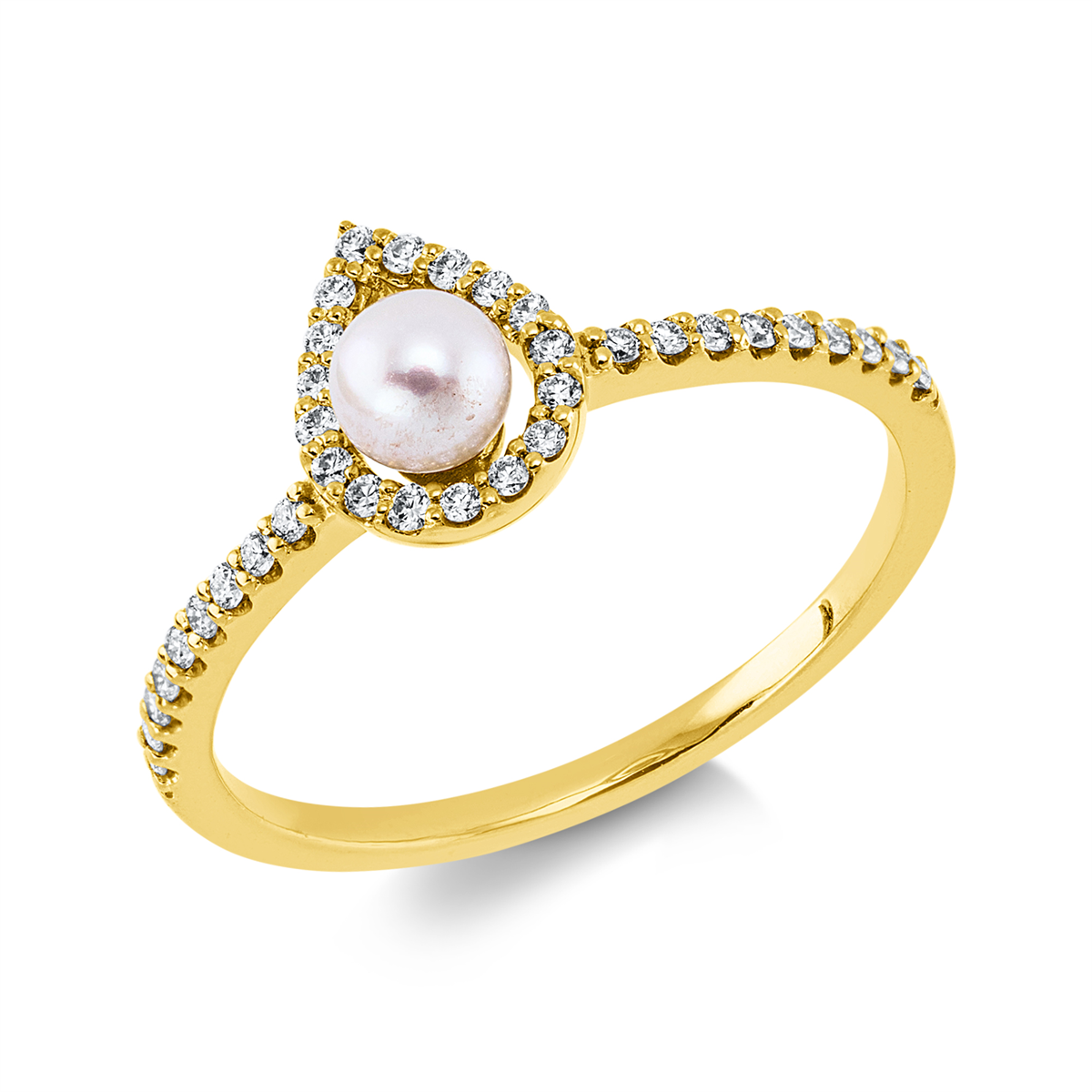 diamond full cut  pearl ring in yellow gold