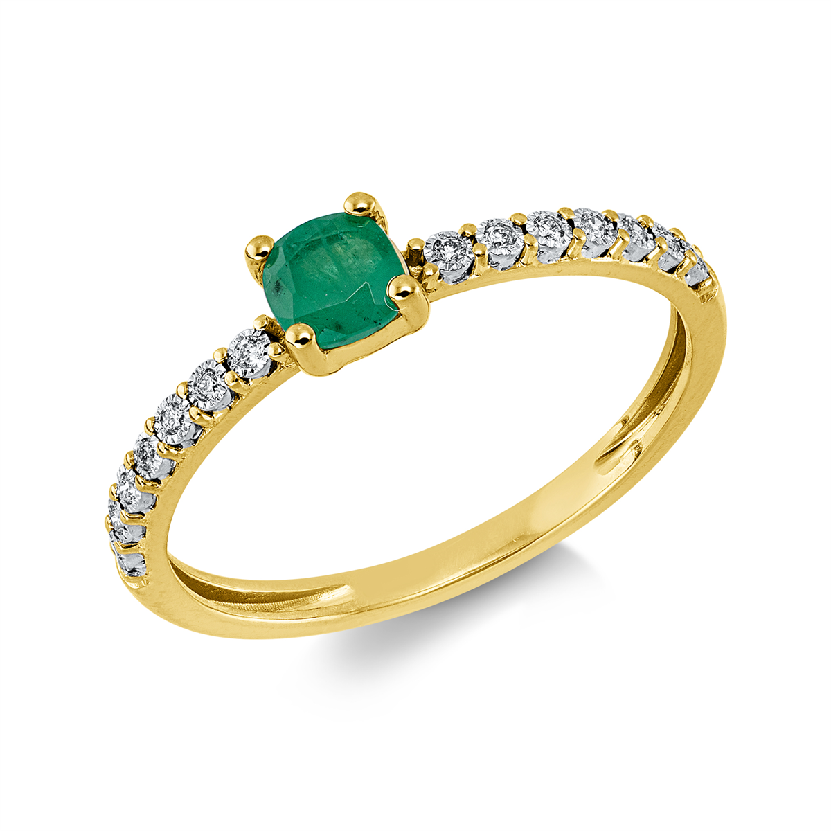 diamond full cut emerald colored stone classic ring in yellow gold / white gold