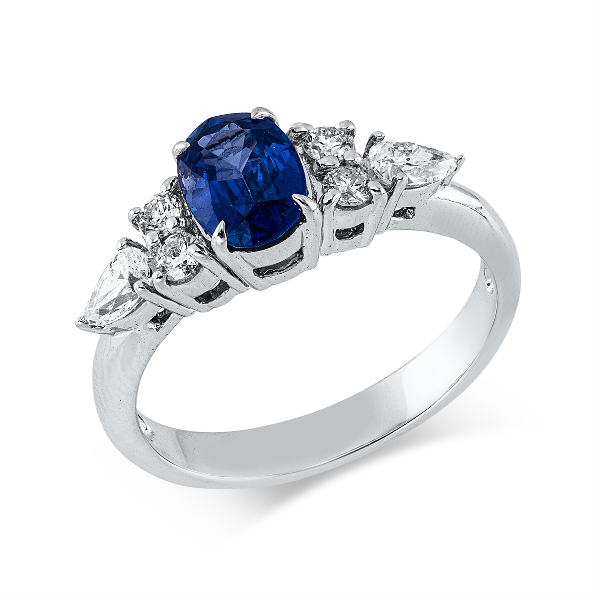 diamond full cut sapphire colored stone classic ring in white gold