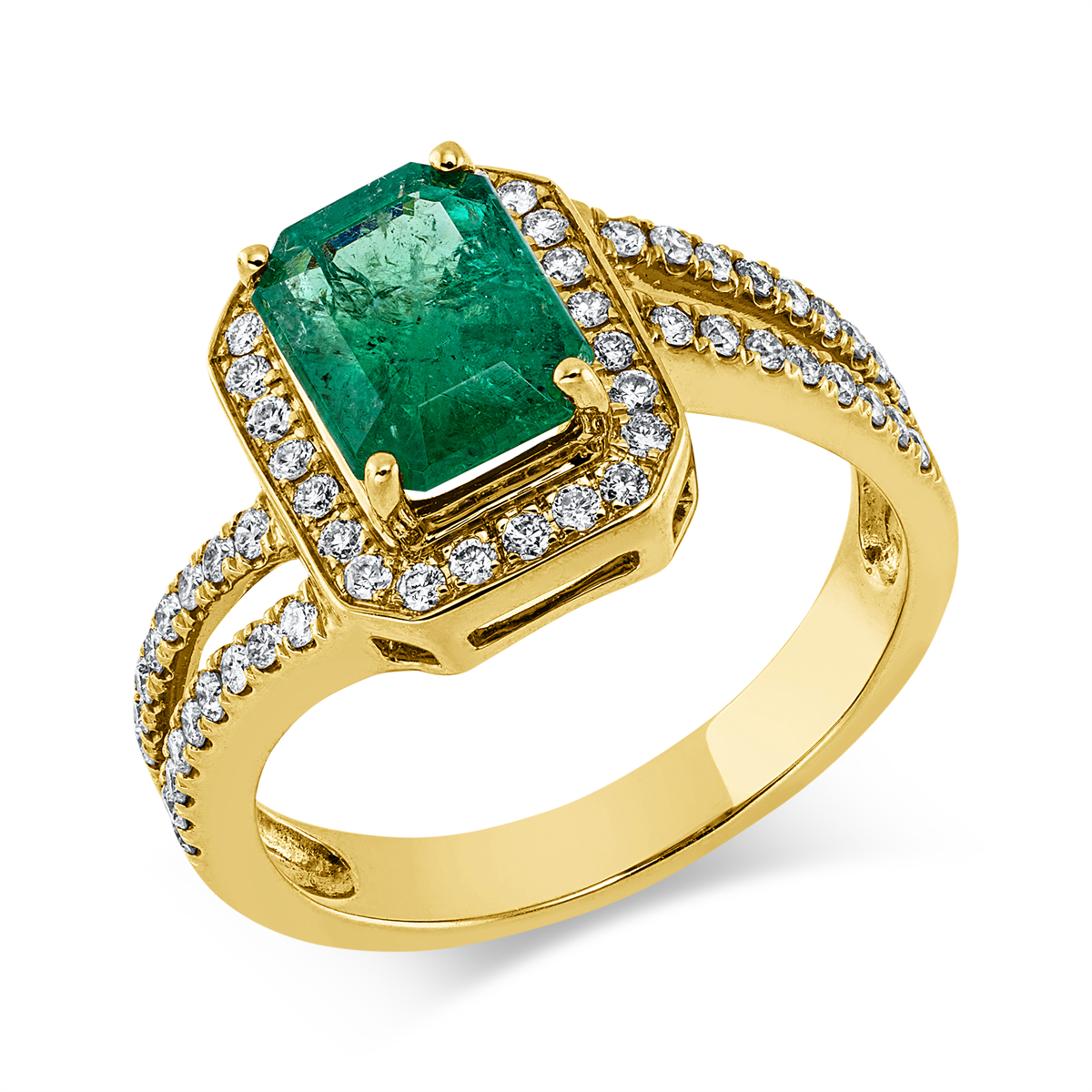 diamond full cut emerald colored stone classic ring in yellow gold