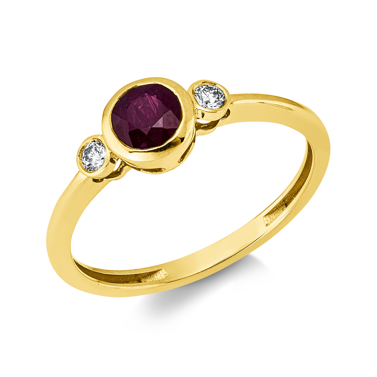 diamond full cut ruby colored stone classic ring in yellow gold