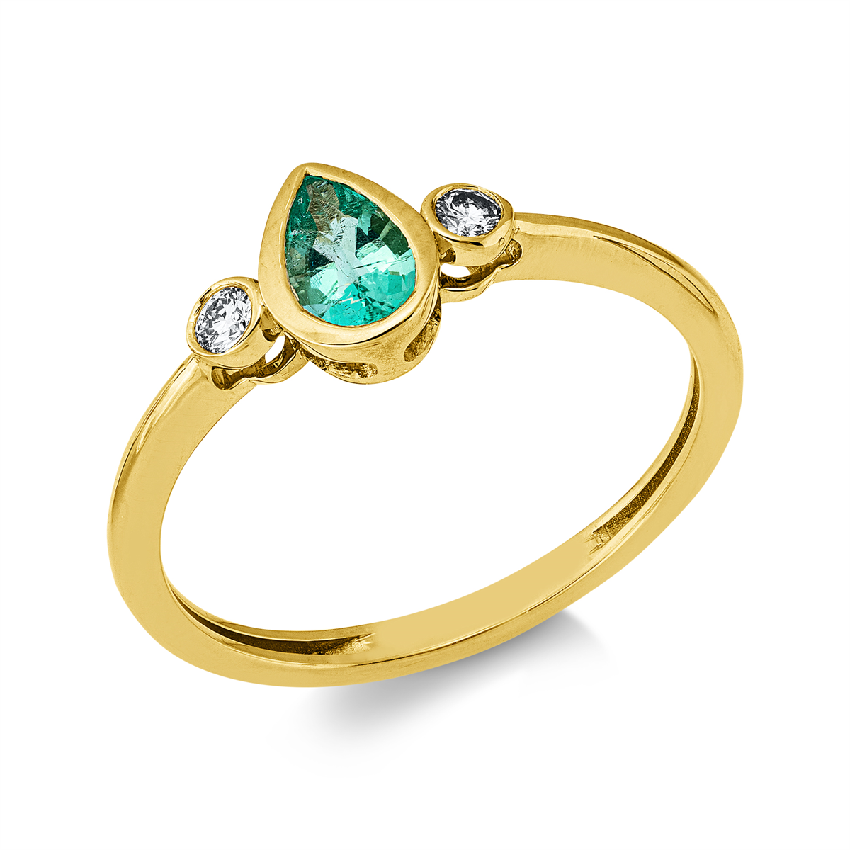diamond full cut emerald colored stone classic ring in yellow gold