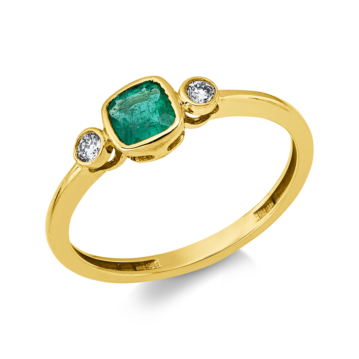 diamond full cut emerald colored stone classic ring in yellow gold