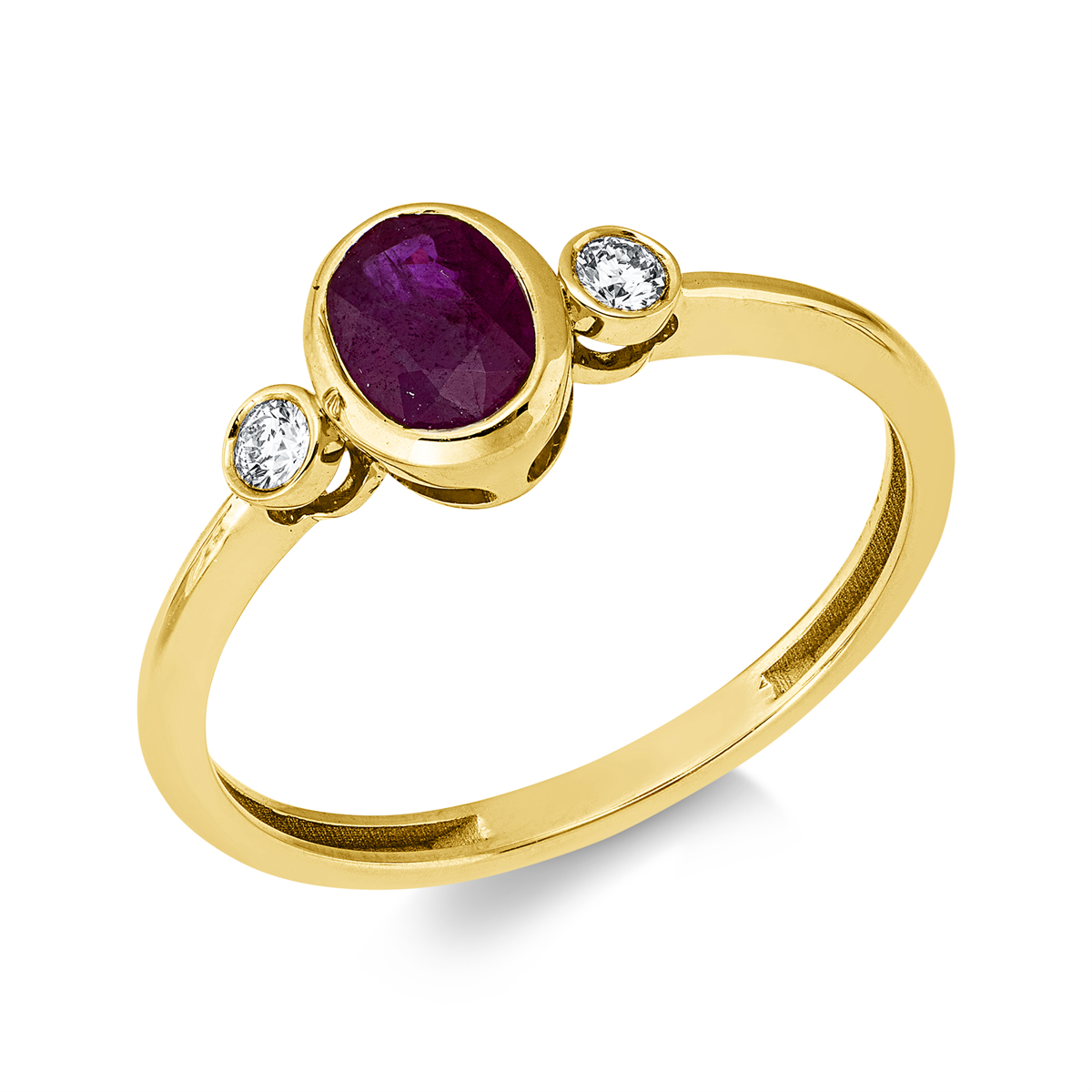 diamond full cut ruby colored stone classic ring in yellow gold