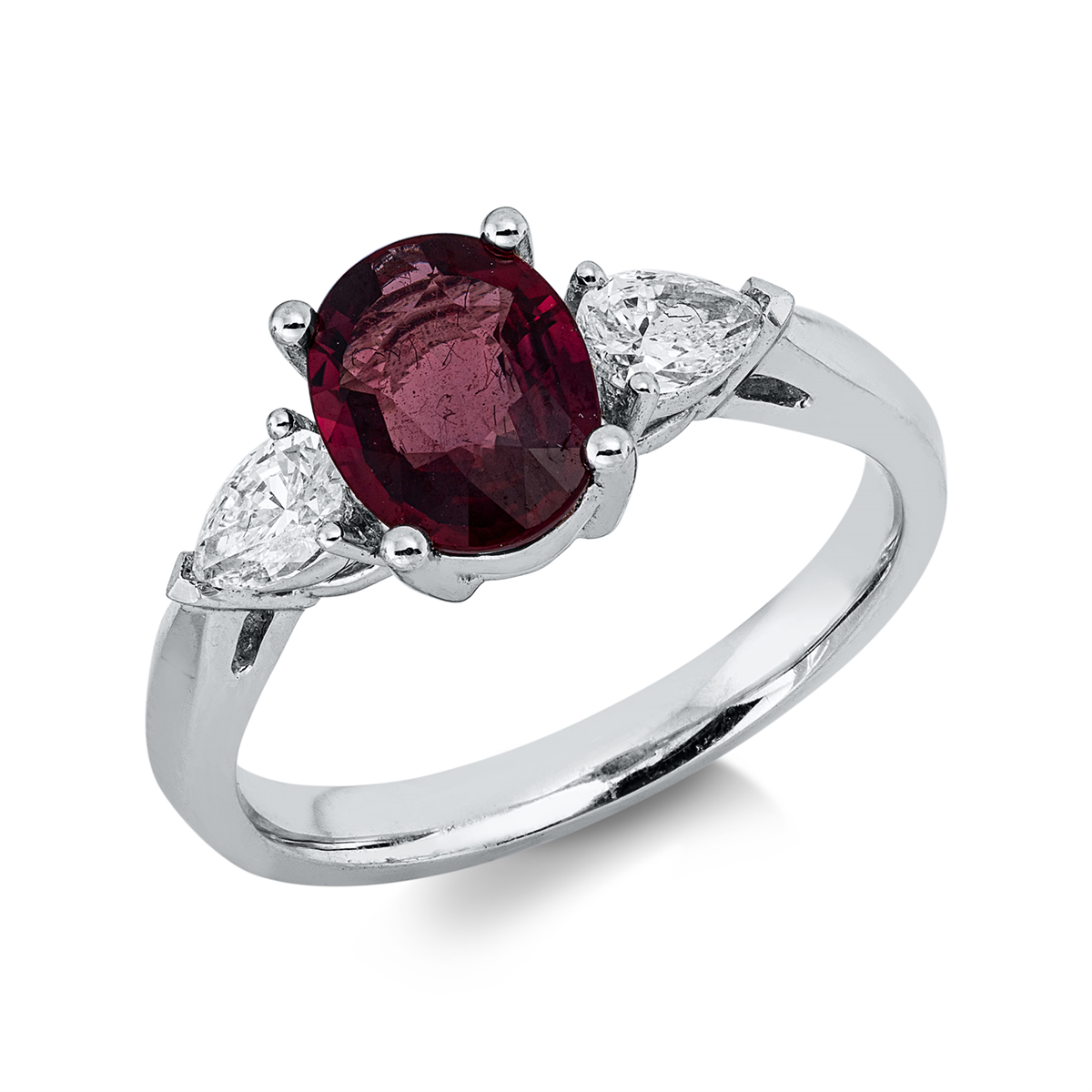 pear shape ruby colored stone classic ring in white gold
