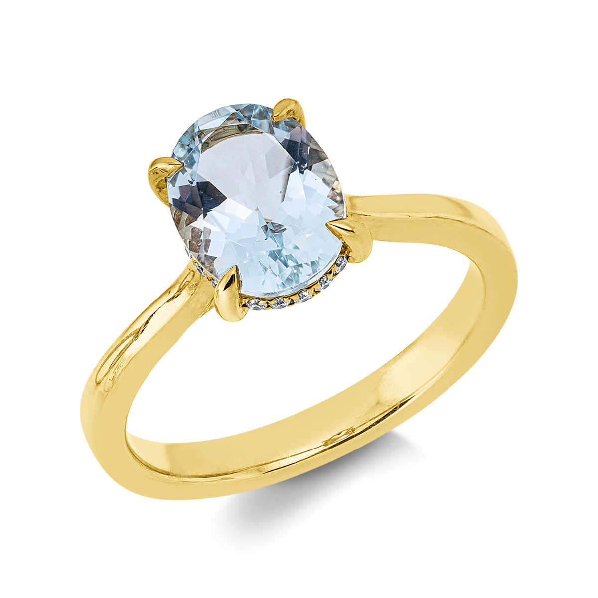 diamond full cut aquamarine colored stone classic ring in yellow gold