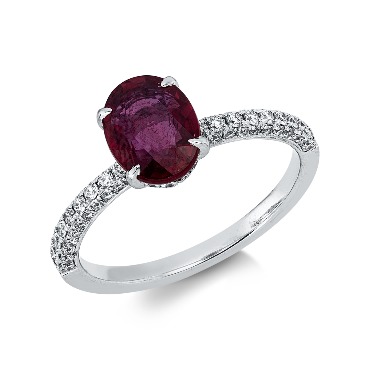diamond full cut ruby colored stone classic ring in white gold