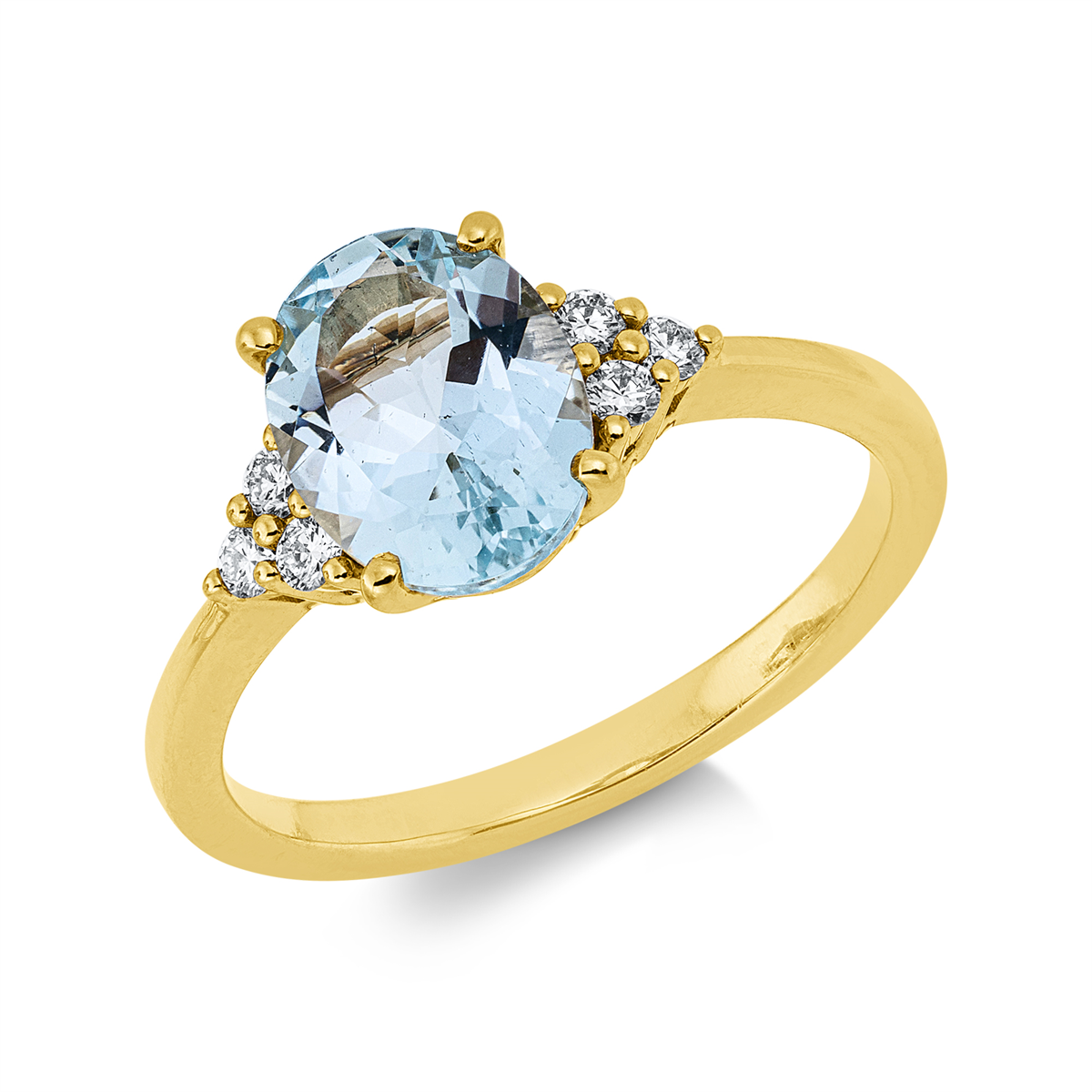 diamond full cut aquamarine colored stone classic ring in yellow gold