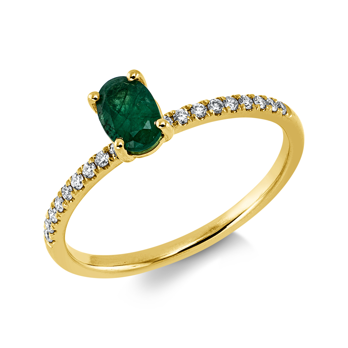 diamond full cut emerald colored stone classic ring in yellow gold