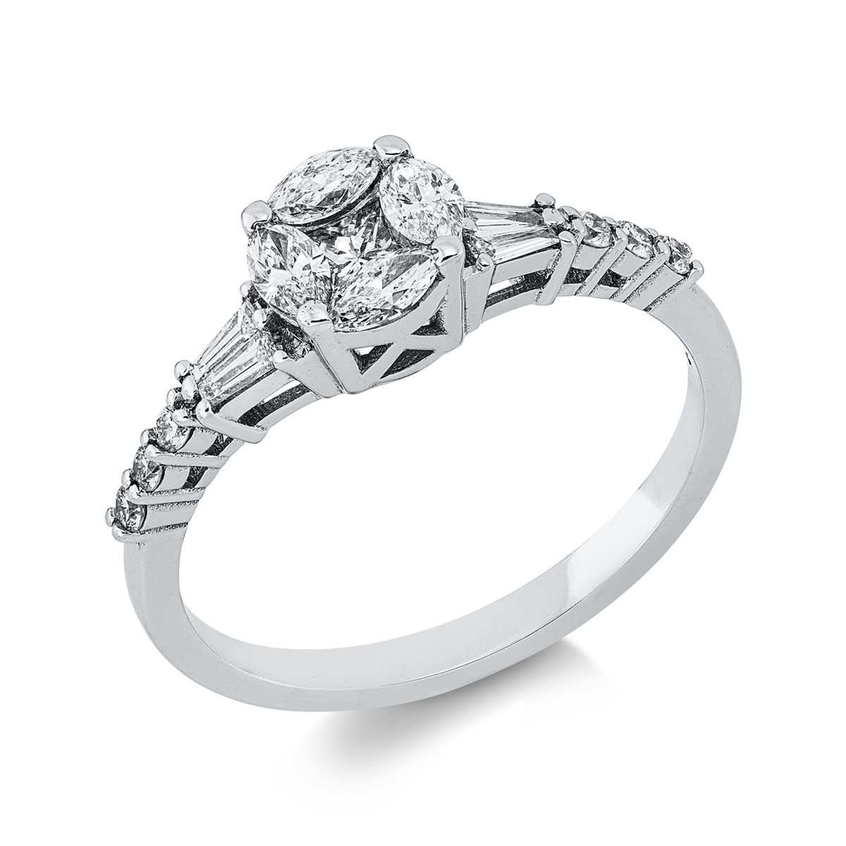 diamond full cut  baguette illusion ring in white gold