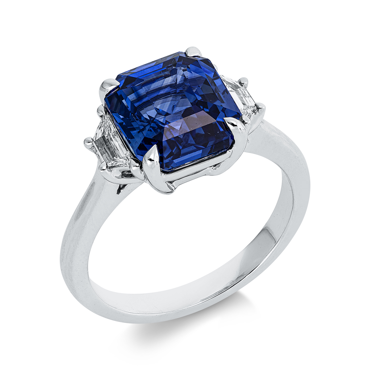 fantasy-cut sapphire colored stone classic ring in white gold platinum 950