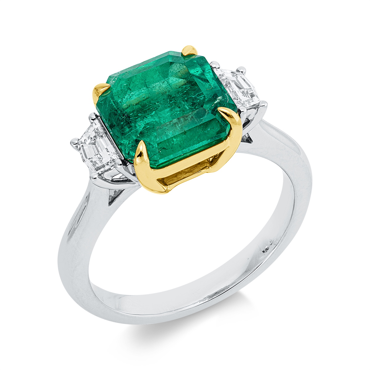 fantasy-cut emerald colored stone classic ring in yellow gold platinum 950