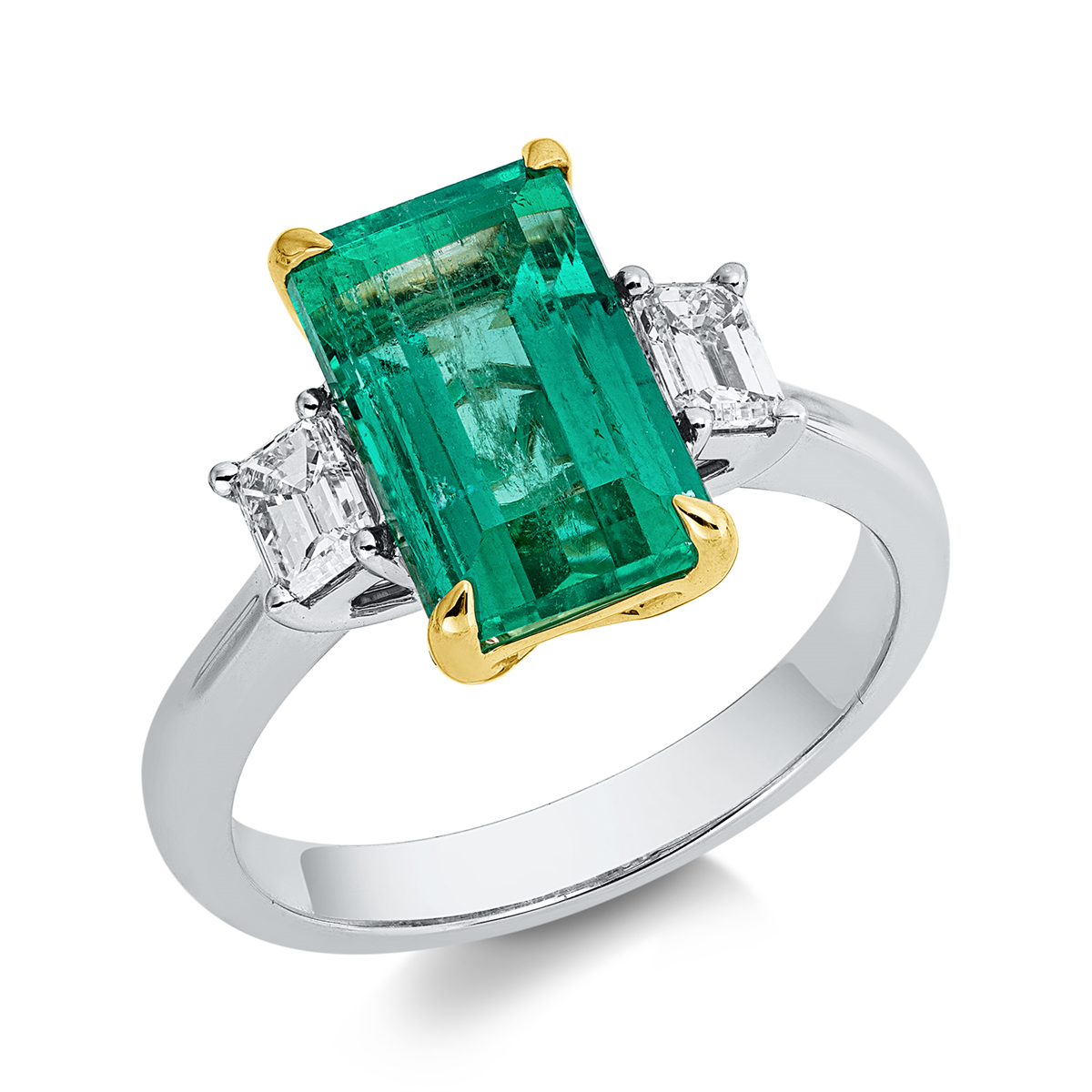 emerald cut emerald colored stone classic ring in yellow gold platinum 950