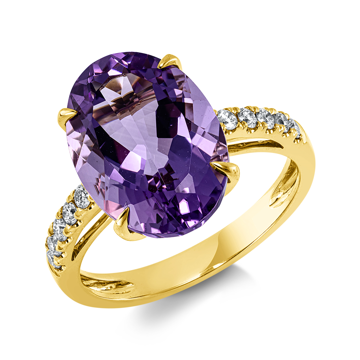 diamond full cut amethyst colored stone fashion ring in yellow gold