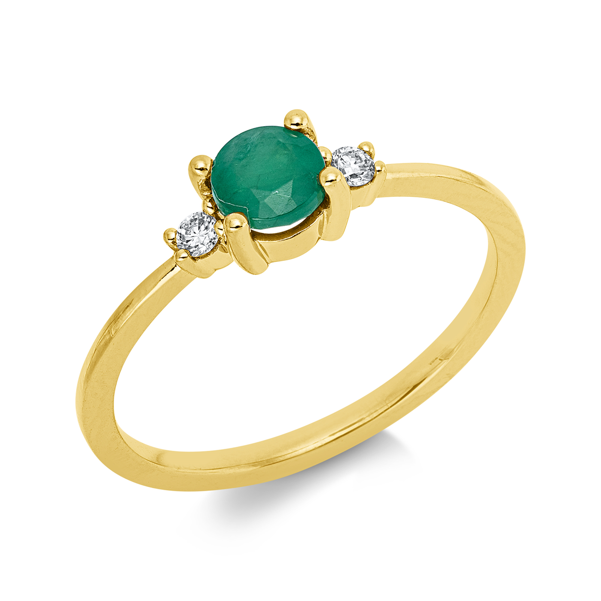 diamond full cut emerald colored stone classic ring in yellow gold