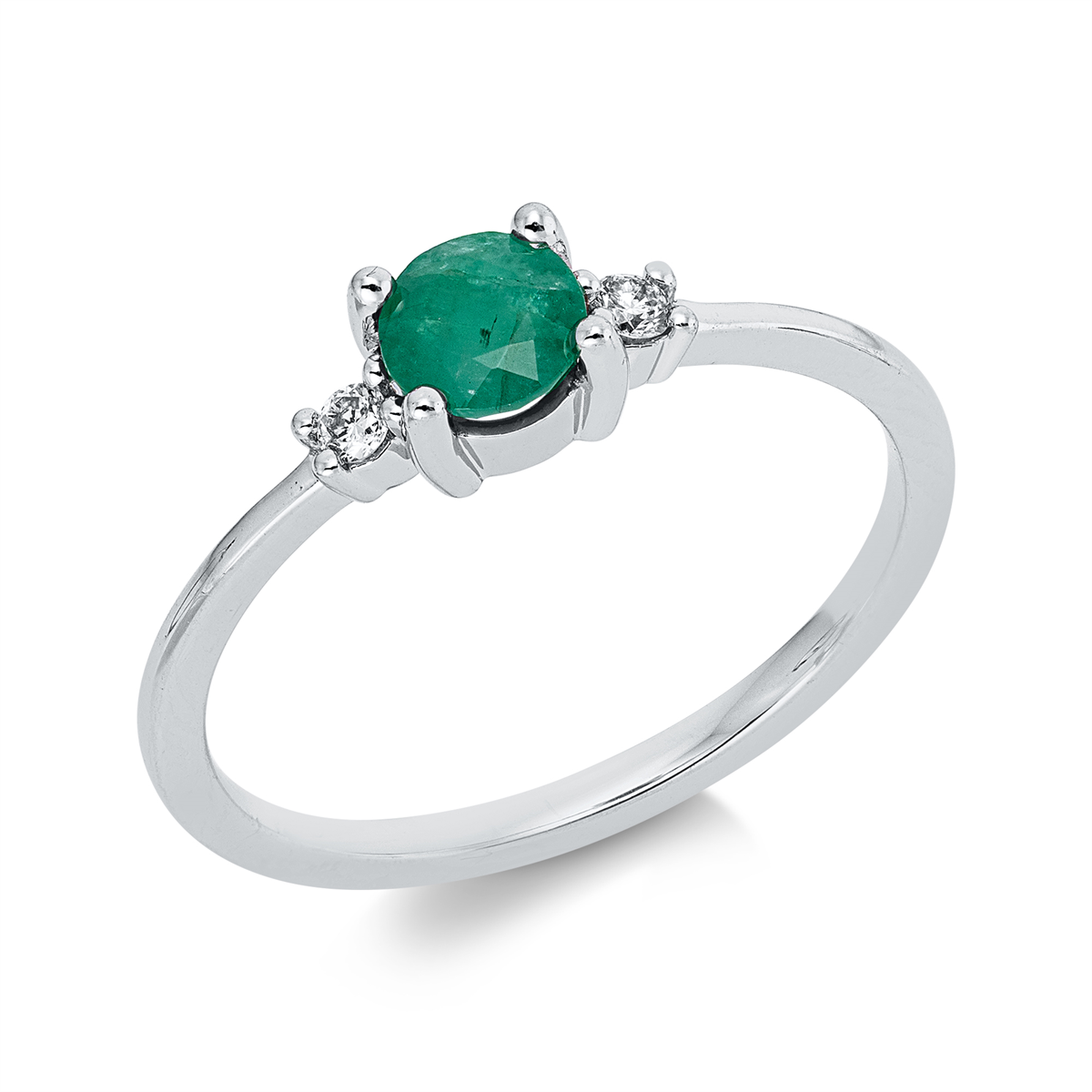 diamond full cut emerald colored stone classic ring in white gold