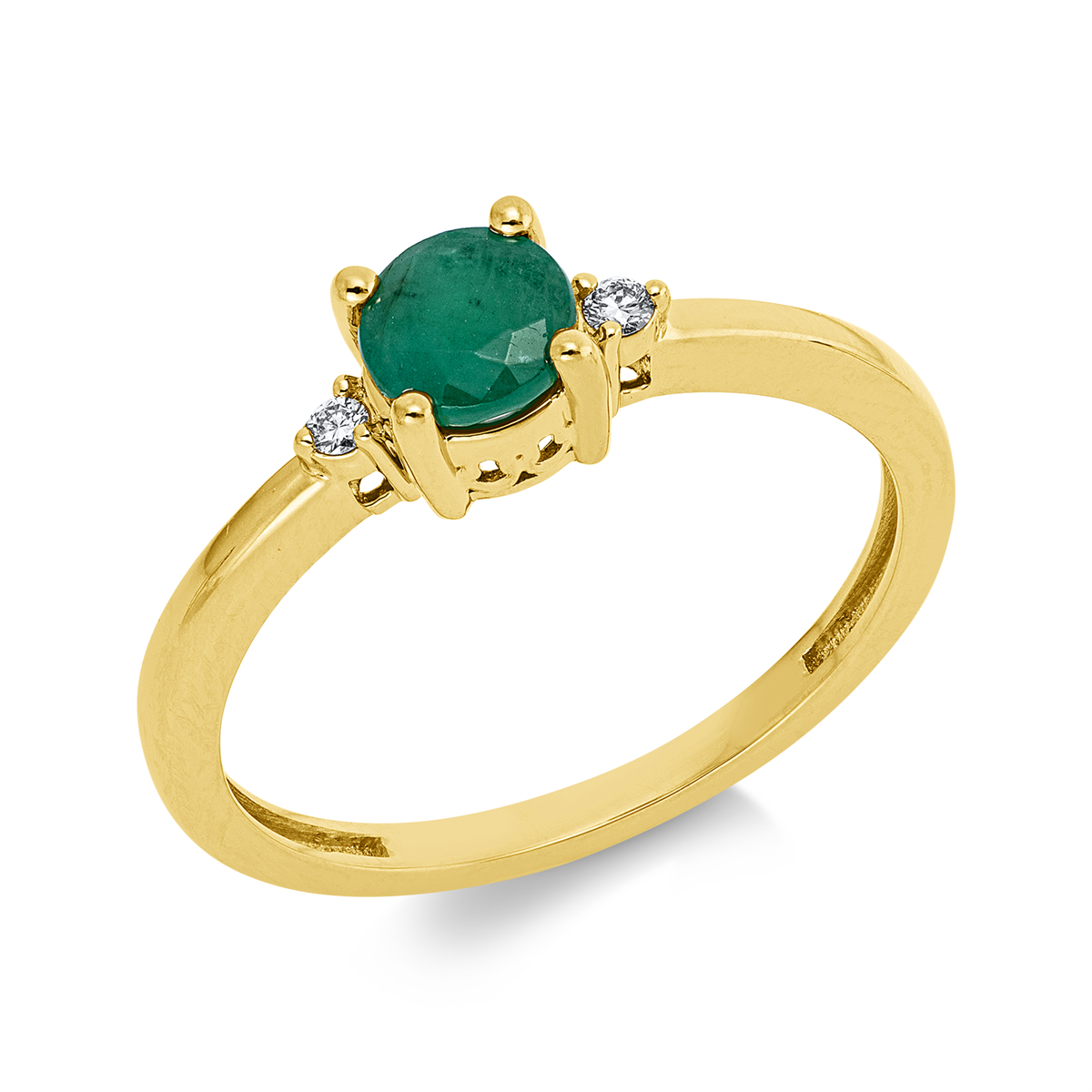 diamond full cut emerald colored stone classic ring in yellow gold