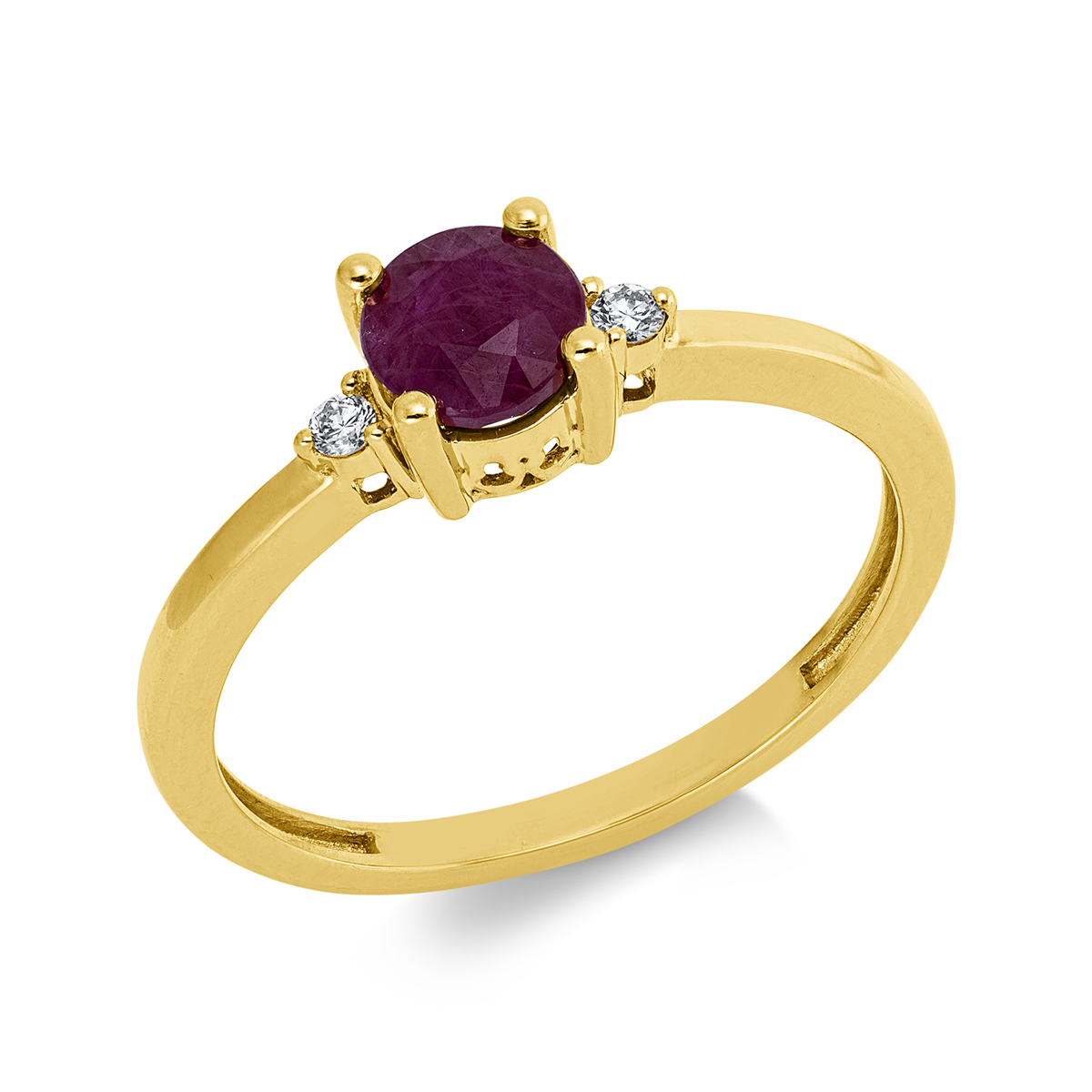 diamond full cut ruby colored stone classic ring in yellow gold