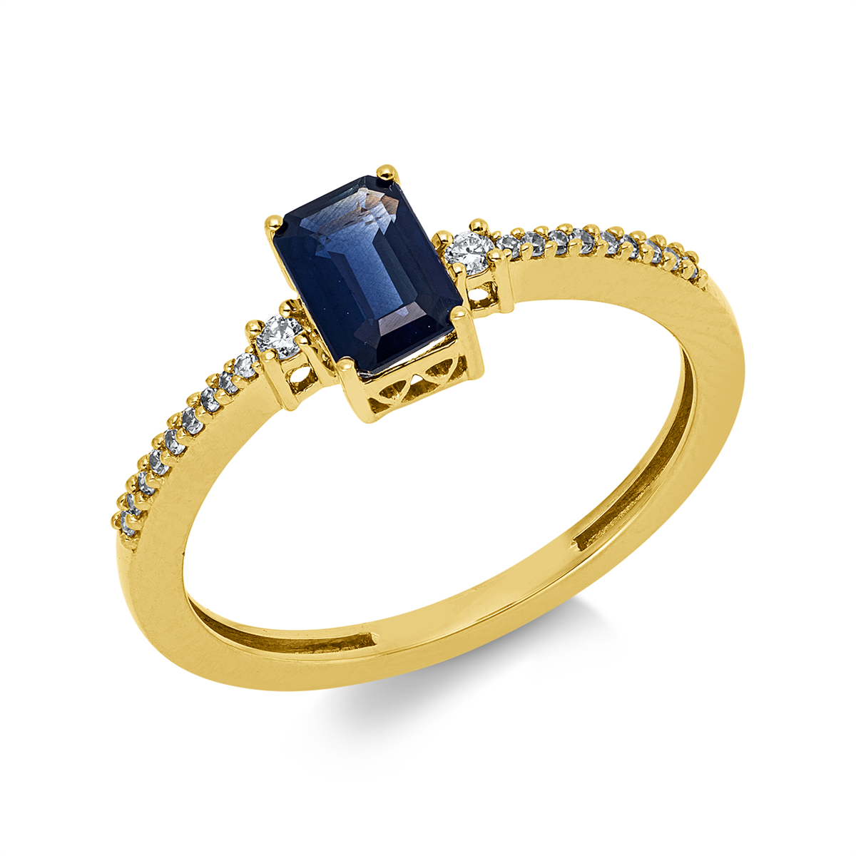 diamond full cut sapphire colored stone classic ring in yellow gold
