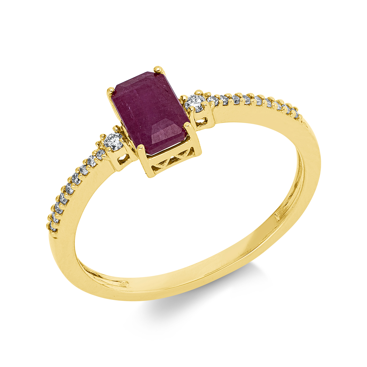 diamond full cut ruby colored stone classic ring in yellow gold