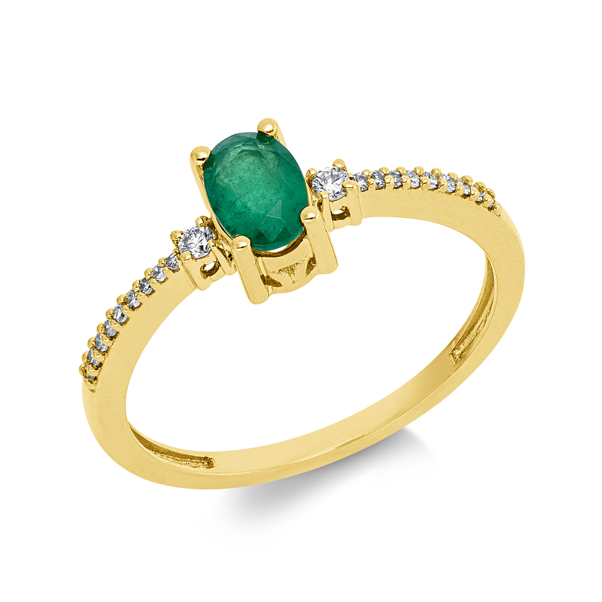 diamond full cut emerald colored stone classic ring in yellow gold