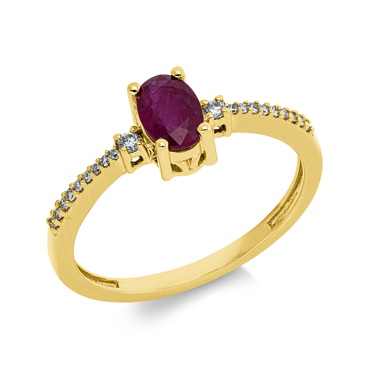 diamond full cut ruby colored stone classic ring in yellow gold