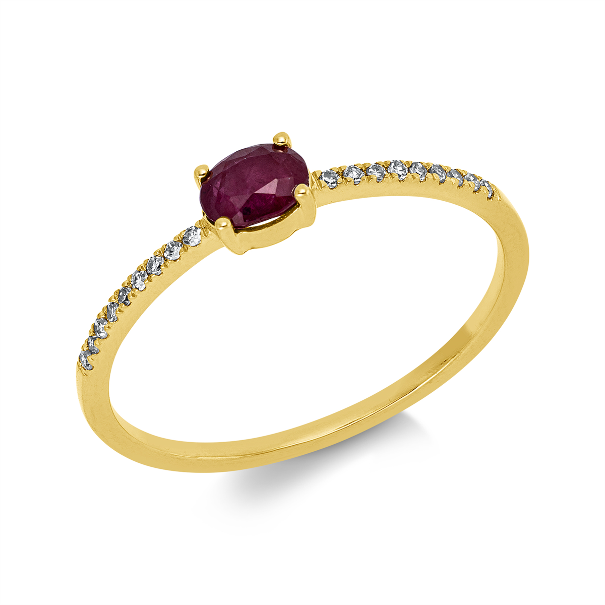 diamond full cut ruby colored stone classic ring in yellow gold