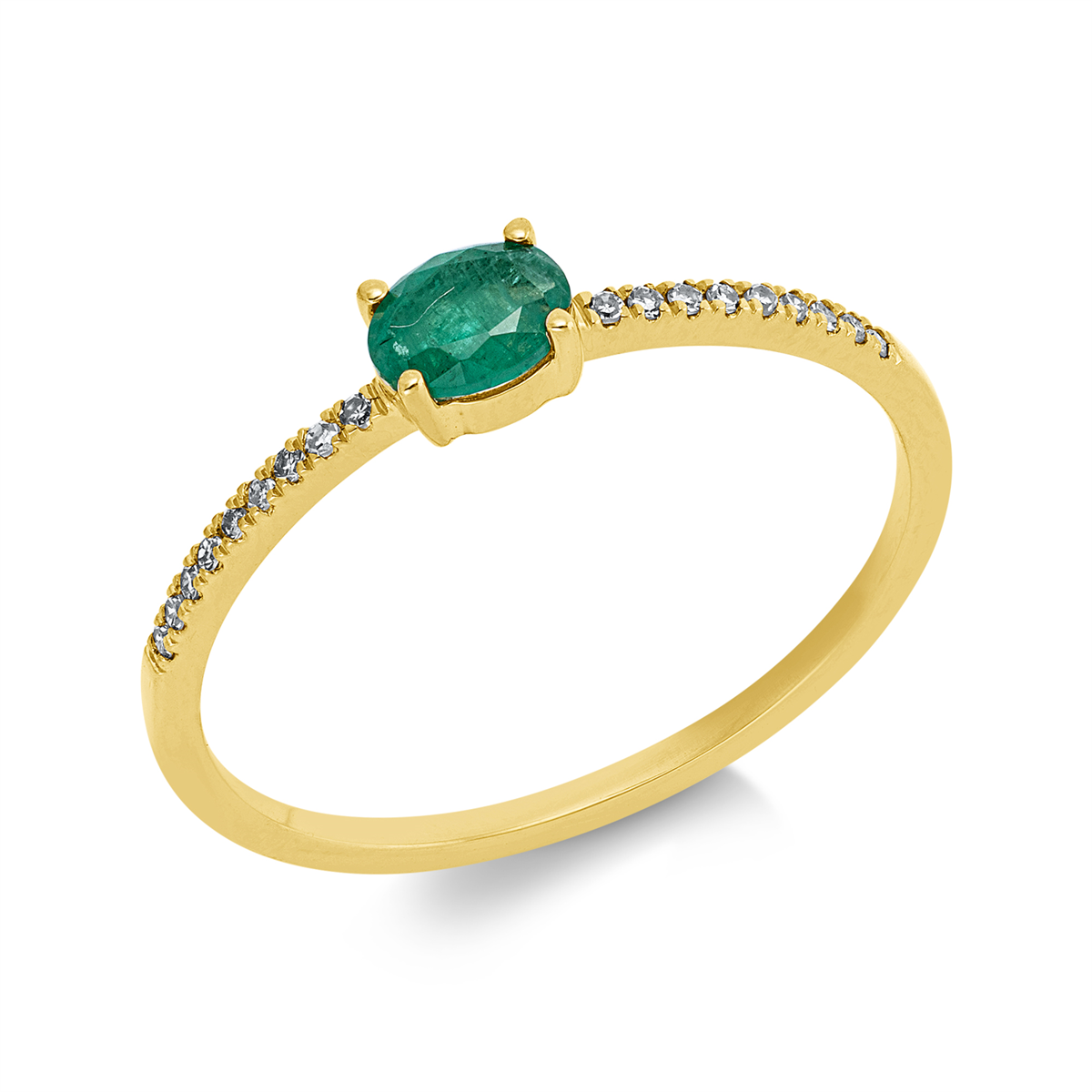 diamond full cut emerald colored stone classic ring in yellow gold