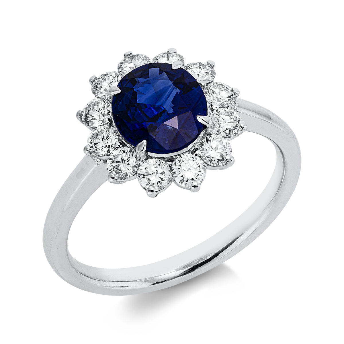 diamond full cut sapphire colored stone classic ring in white gold