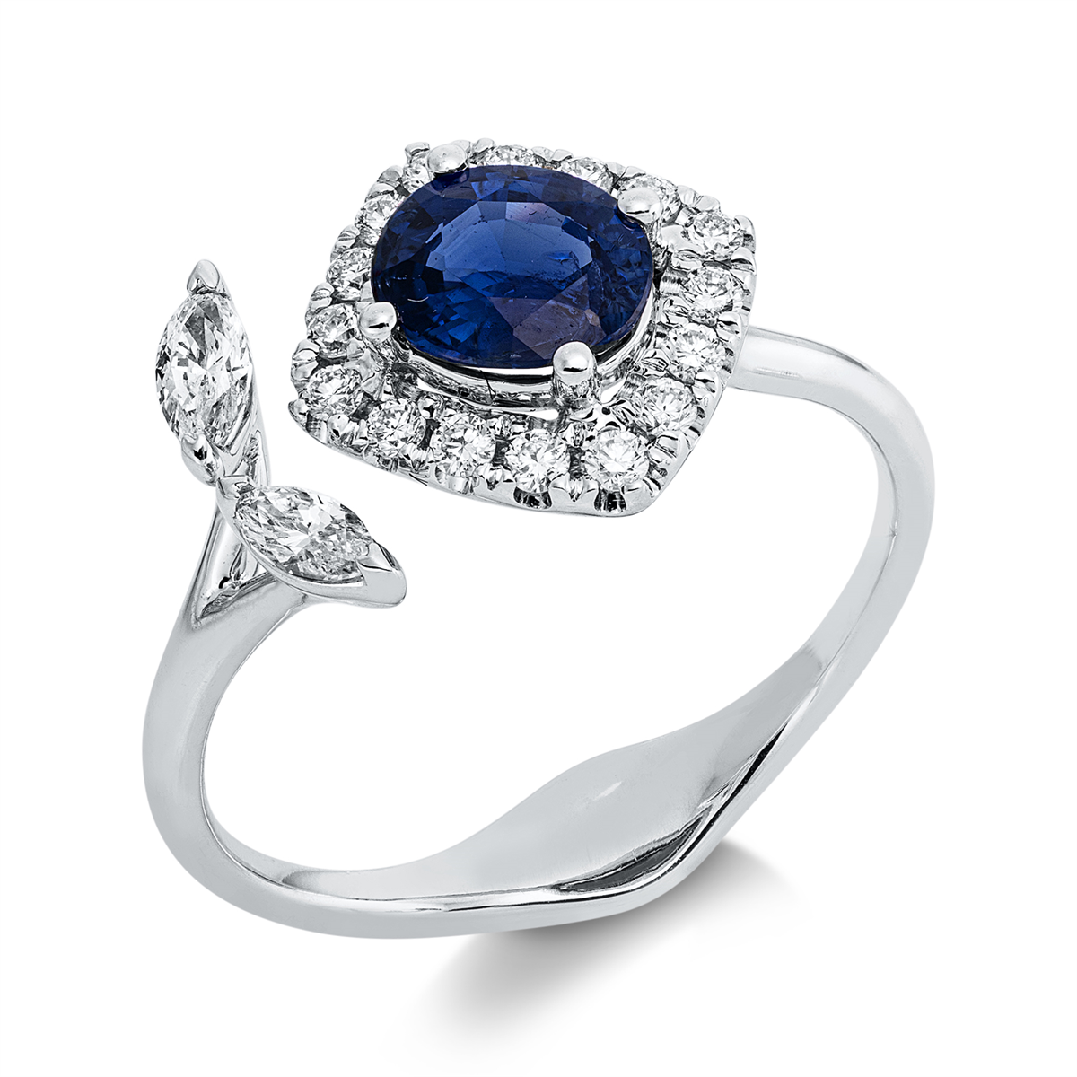 diamond full cut sapphire colored stone classic ring in white gold
