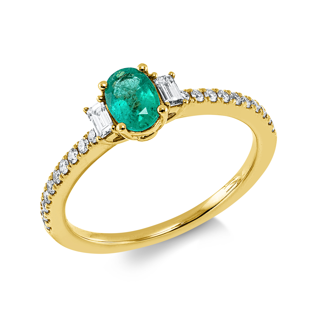 diamond full cut emerald colored stone classic ring in yellow gold