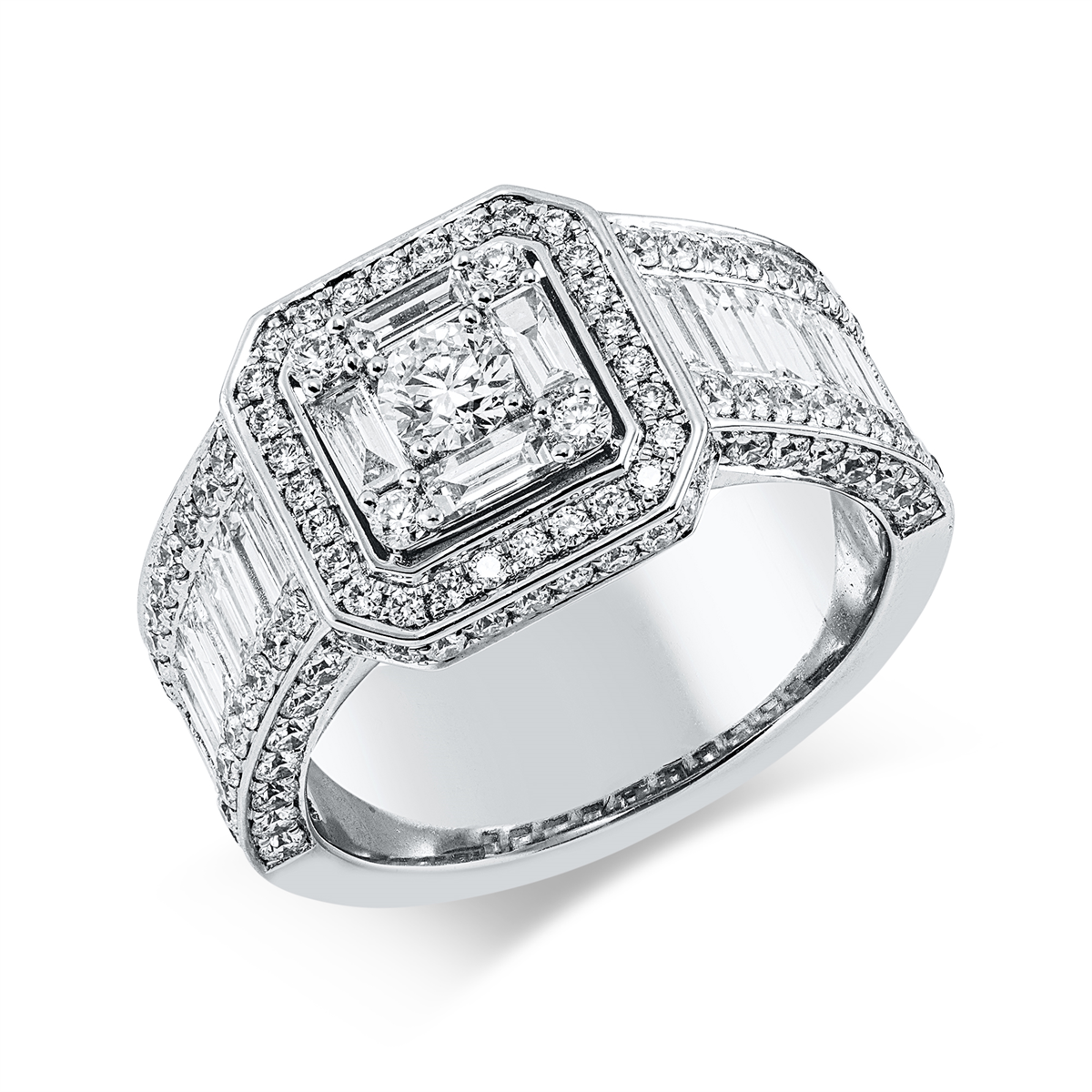 diamond full cut  baguette illusion ring in white gold