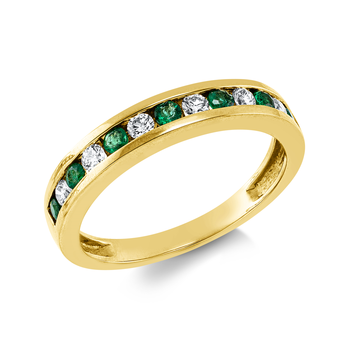 diamond full cut emerald colored stone classic ring in yellow gold