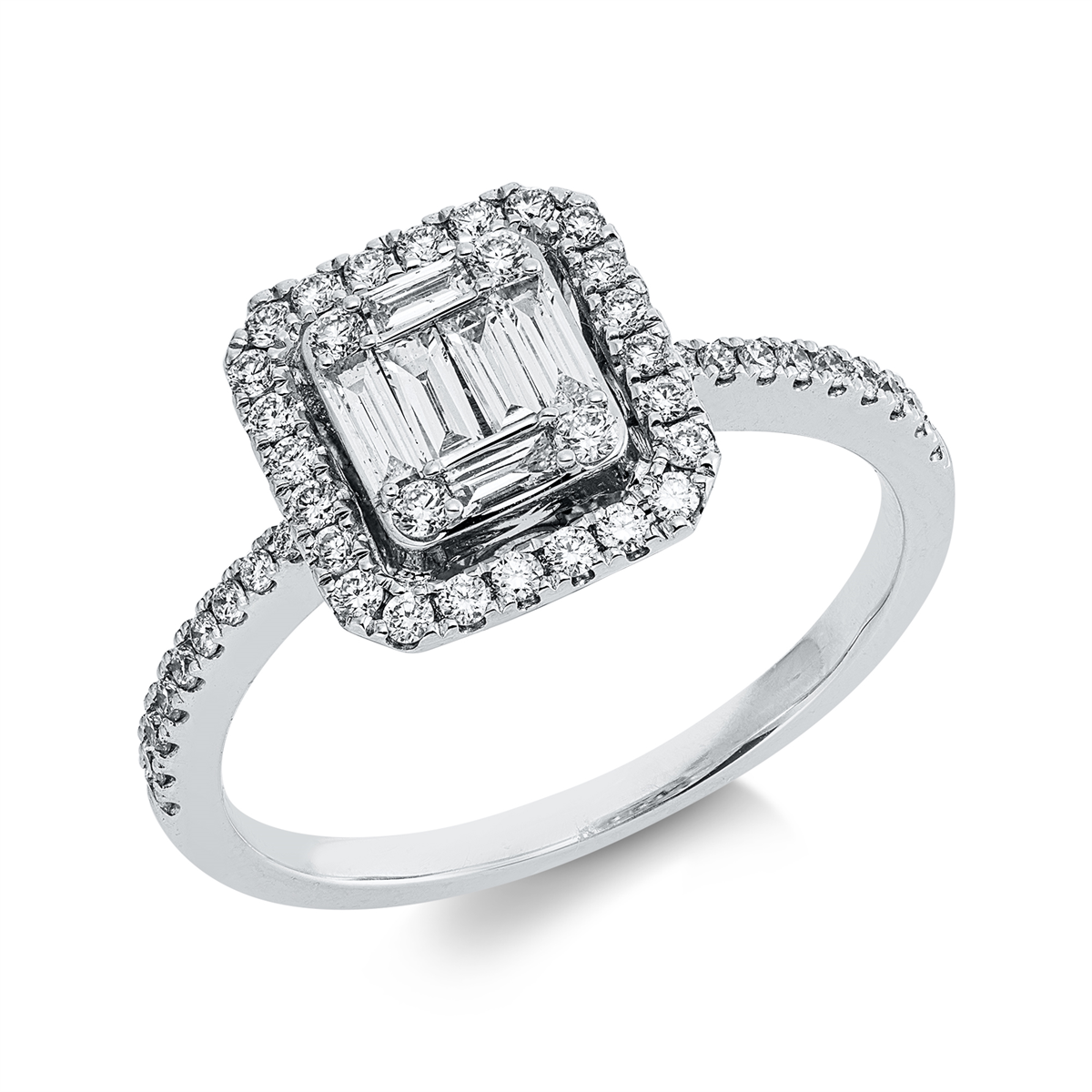 diamond full cut  baguette illusion ring in white gold