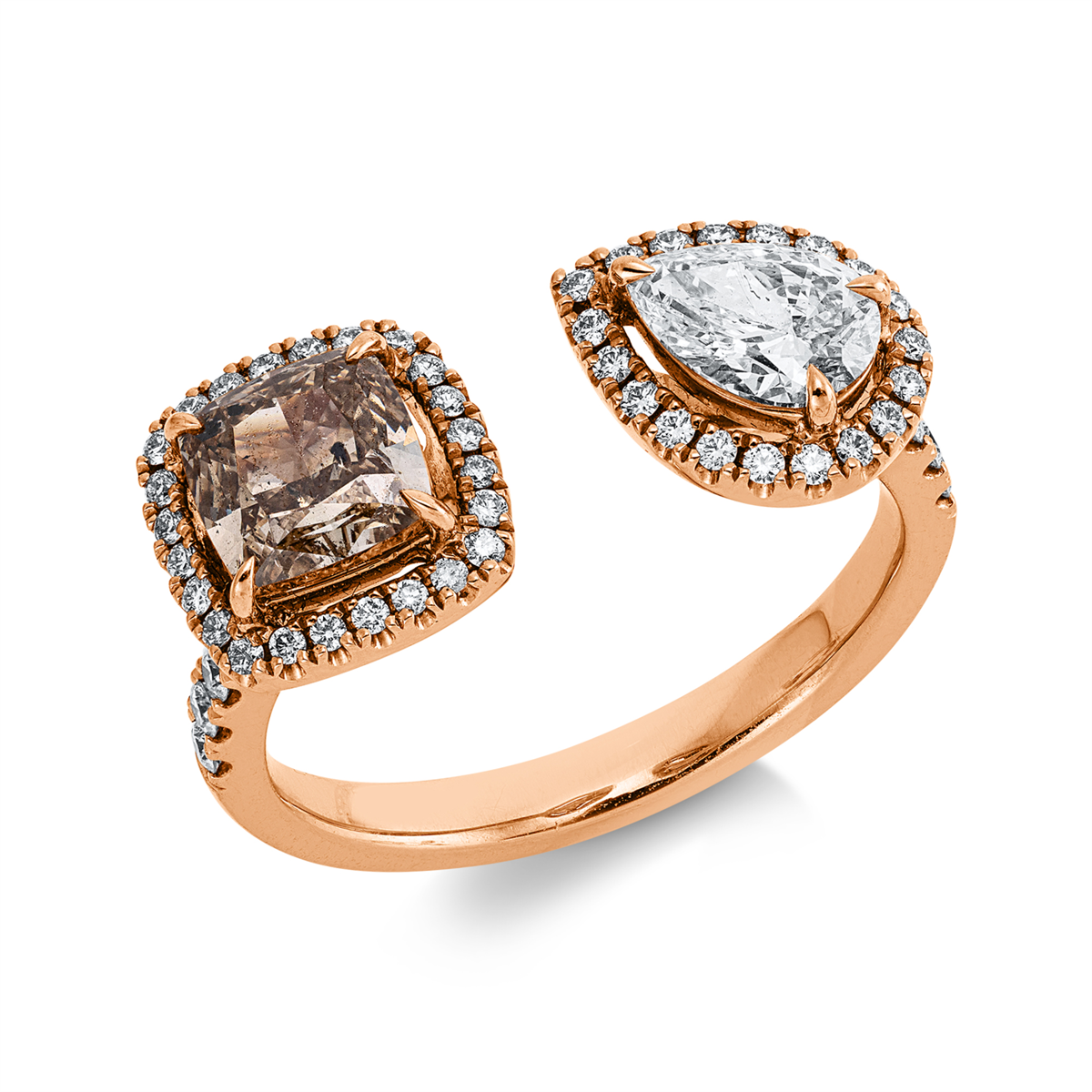 cushion  fancy colored diamond ring in red gold