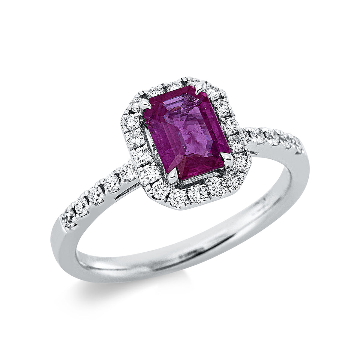 diamond full cut ruby colored stone classic ring in white gold