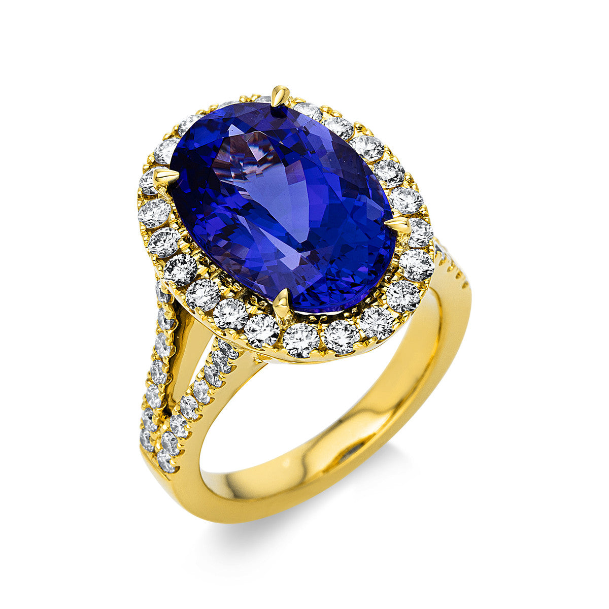 diamond full cut tanzanite colored stone classic ring in yellow gold