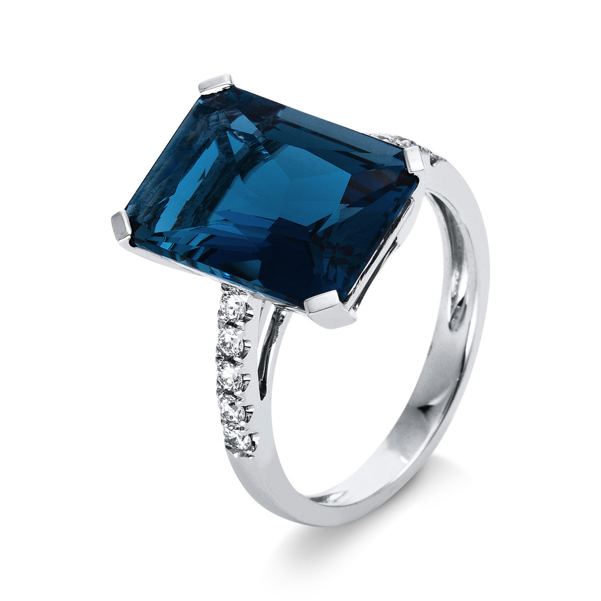 diamond full cut blue topaz colored stone classic ring in white gold