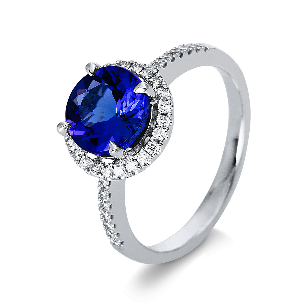 diamond full cut tanzanite colored stone classic ring in white gold